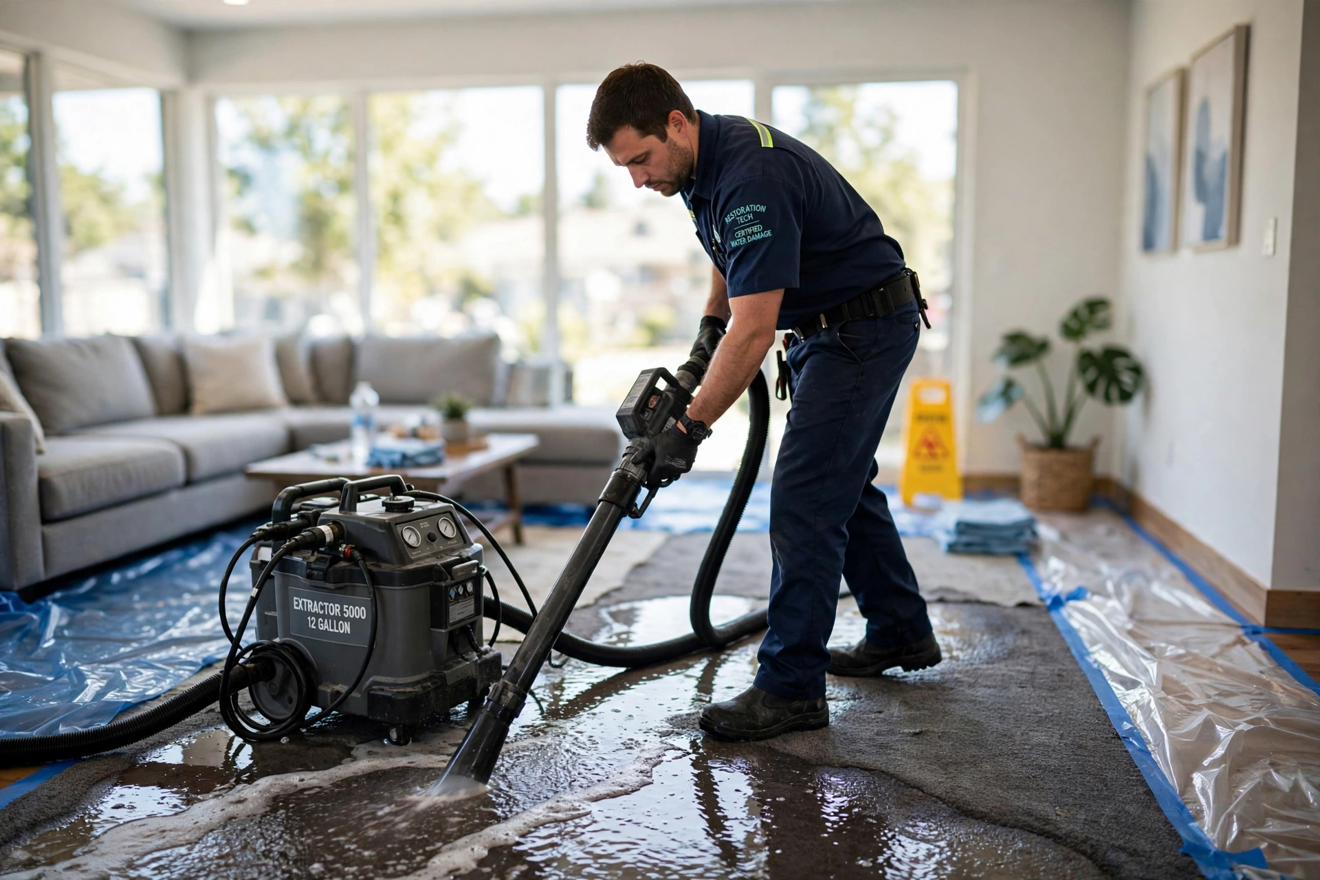 Restoration technician extracting standing water from a Lancaster living room carpet with professional extraction equipment and hoses